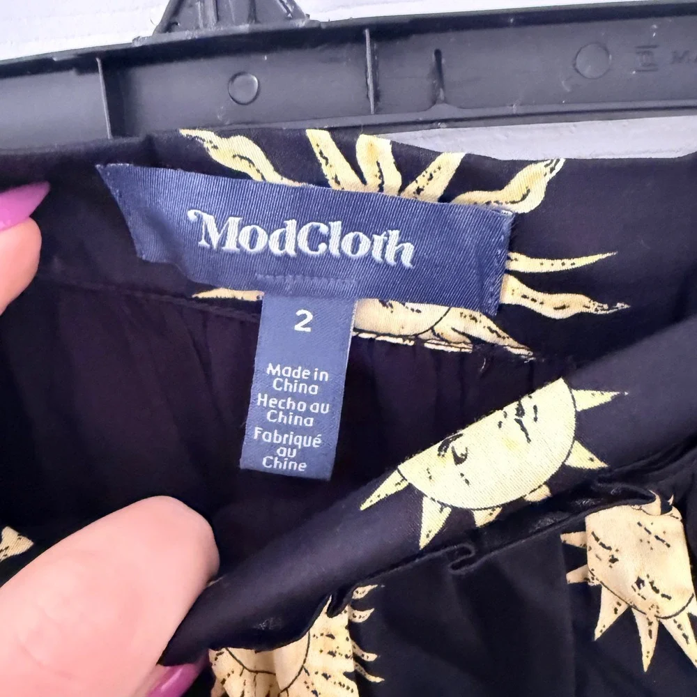 ModCloth Sun Celestial Print‎ Cotton A-Line Skirt Black Yellow Paperbag Waist 2